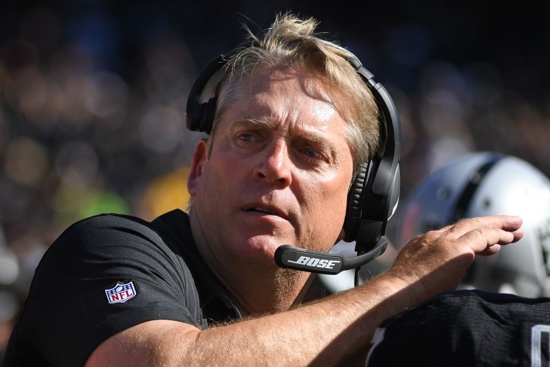 Oakland Raiders Head Coach Jack Del Rio coaches against the Atlanta Falcons at the Coliseum in Oakland, California on September 18, 2016. The Falcons defeated the Raiders 35-28. Photo by Terry Schmitt/UPI