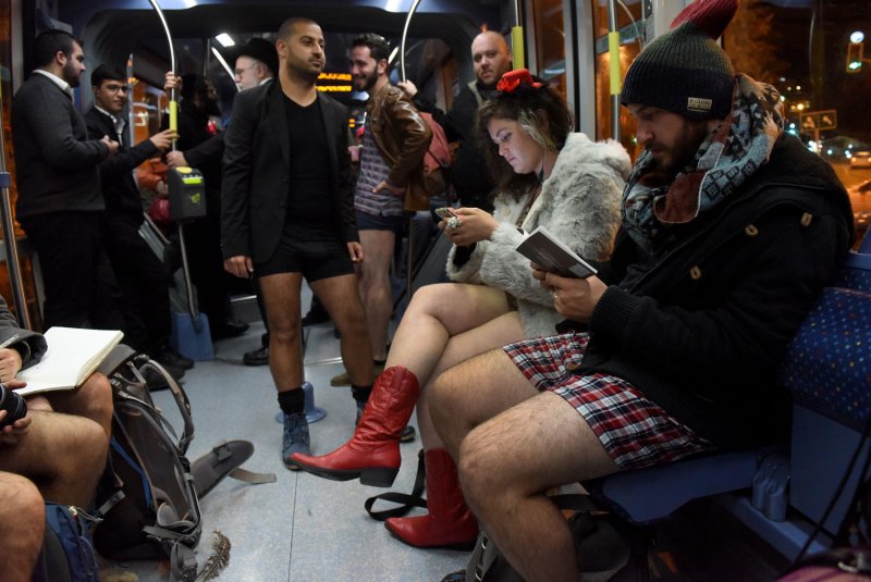 Israelis ride the light rail train without pants on 'No Pants Day' in Jerusalem, Israel, January 10, 2016. Photo by Debbie Hill/ UPI | <a href="/News_Photos/lp/aad66137dbb1db98a97ede53f8210361/" target="_blank">License Photo</a>