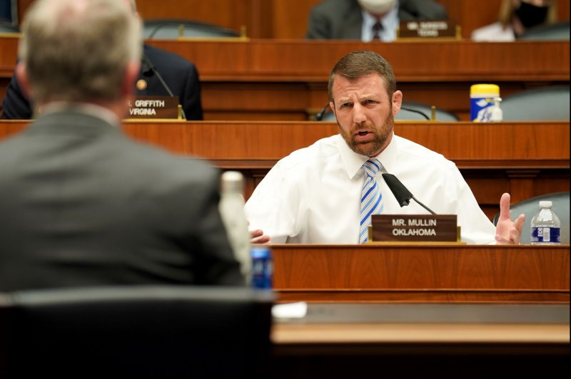 Rep. Markwayne Mullin, R-Okla., (pictured during a 2020 subcommittee hearing) stood up and challenged Teamsters President Sean O'Brien to a fight. File Photo by Greg Nash/UPI