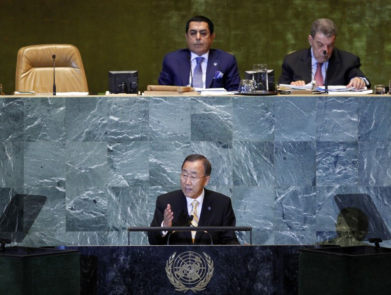 United Nations Secretary General Ban Ki-moon speaks at the 66th United Nations General Assembly in the UN building in New York City on September 21, 2011. UPI/John Angelillo