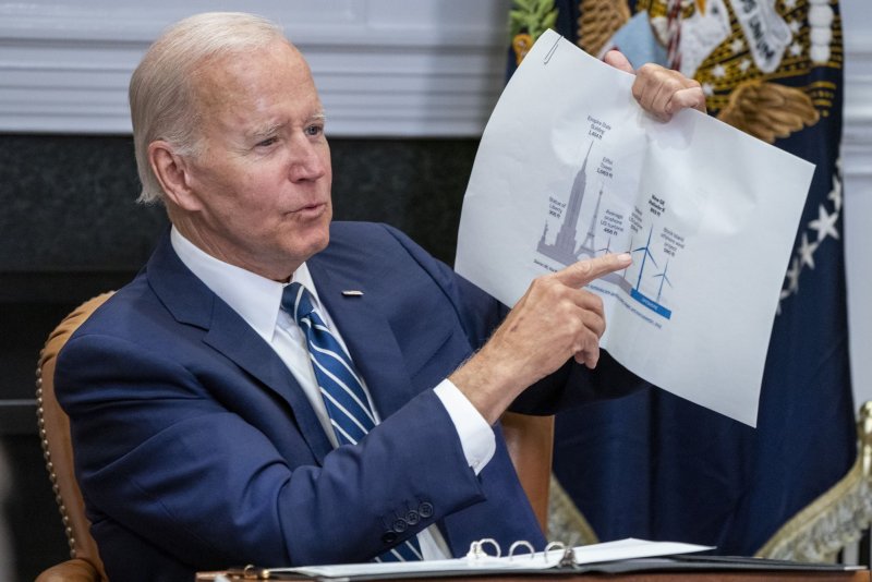 U.S. President Joe Biden delivers remarks after launching a federal offshore wind program last year. On Monday, the government announced three news areas in the Atlantic that could support wind energy development. File photo by Shawn Thew/UPI