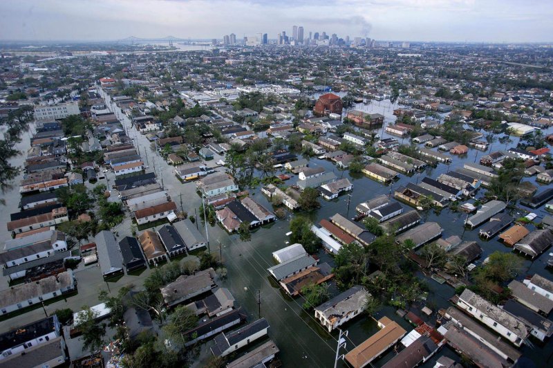 An aerial view of the devastation caused by high winds and heavy flooding in the greater New Orleans area following Hurricane Katrina in New Orleans, Louisiana, August 30, 2005. New research suggest climate change is encouraging increasing rates of urban flooding. Photo by UPI Photo/Vincent Laforet/Pool