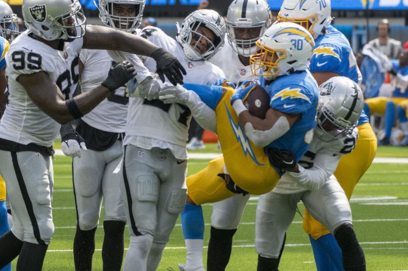 Los Angeles Chargers running back Austin Ekeler (C) is a high-end RB2 or flex play this week. File Photo by Mike Goulding/UPI | <a href="/News_Photos/lp/b2572a7761d56998211bae0f8beb93bb/" target="_blank">License Photo</a>