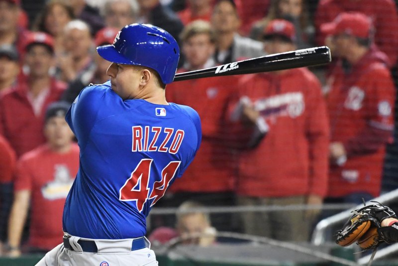 Chicago Cubs first baseman Anthony Rizzo drives in a run in the first inning against the Washington Nationals in Game 5 of the National League Divisional Series on October 12, 2017 at Nationals Park in Washington, D.C. Photo by Pat Benic/UPI