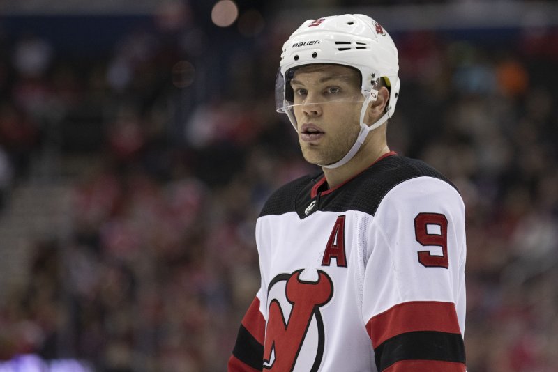 New Jersey Devils forward Taylor Hall (9) looks on after a stoppage in play during the third period on November 30 at Capital One Arena in Washington, D.C. Photo by Alex Edelman/UPI