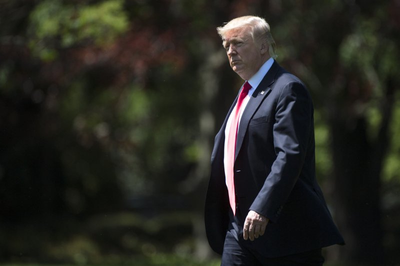 President Donald Trump leaves the White House Friday to depart for Atlanta, where he addressed the annual convention of the National Rifle Association -- the first president to do so since 1983. Photo by Kevin Dietsch/UPI