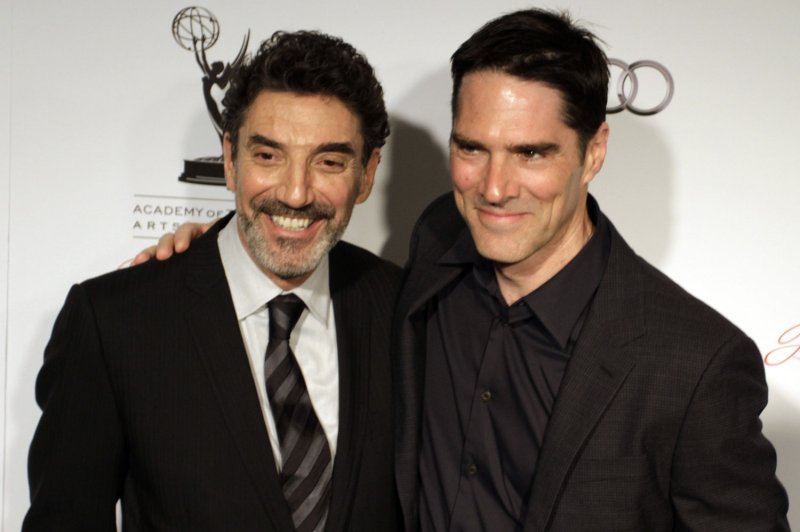 Thomas Gibson (R) and Chuck Lorre at the Academy of Television Arts & Sciences Hall of Fame ceremony on March 1, 2012. The actor played Aaron Hotchner on "Criminal Minds." File photo by Jonathan Alcorn/UPI | <a href="/News_Photos/lp/60079da8ada7b04cbd1eaf2a1c445286/" target="_blank">License Photo</a>