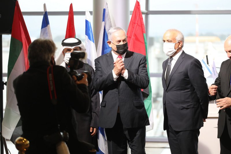 Israeli Prime Minister Benjamin Netanyahu on Thursday attended a welcoming ceremony for the first flydubai commercial flight between Dubai and Tel Aviv at Ben-Gurion International Airport in Israel. Pool photo by Emil Salman/UPI