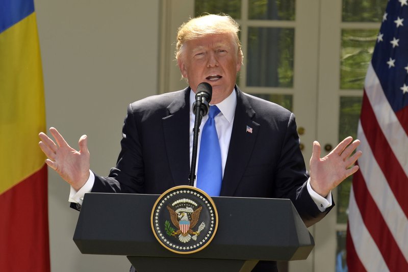 President Donald Trump speaks during a news conference at the White House Friday with Romanian President Klaus Iohannis. During the conference, Trump was asked multiple times about the testimony of former FBI Director James Comey regarding the Senate's Russia investigation. Photo by Mike Theiler/UPI