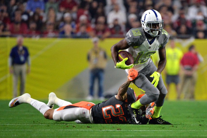 Indianapolis Colts wide receiver T.Y. Hilton (13) carries the ball against former Cleveland Browns cornerback Joe Haden during the 2015 Pro Bowl at University of Phoenix Stadium in Glendale, Arizona on January 24, 2015. File photo by Kevin Dietsch/UPI
