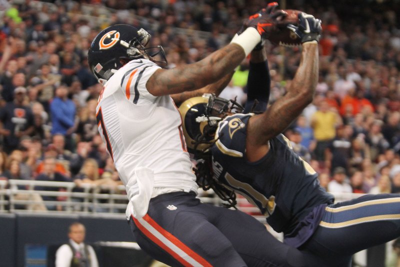 St. Louis Rams' Janoris Jenkins gets his hands on the football intended for Chicago Bears' Alshon Jeffery in the second quarter at the Edward Jones Dome in St. Louis on November 15, 2015. The ball was dropped as Chicago went on to win 37-13. Photo by Bill Greenblatt/UPI