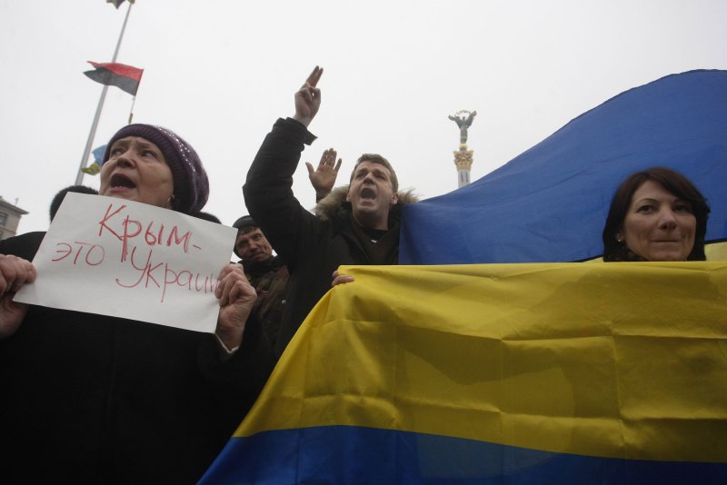 People protest Russia's claim to Crimea in Independence Square in Kiev on March 2, 2014. Photo by Ivan Vakolenko/UPI