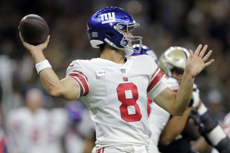 New York Giants quarterback Daniel Jones throws against the New Orleans Saints on Sunday at the Caesars Superdome in New Orleans. Photo by AJ Sisco/UPI | <a href="/News_Photos/lp/1f341e82352d078b492a0fe2c61a0473/" target="_blank">License Photo</a>