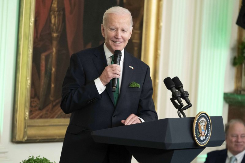 President Joe Biden, pictured on Friday while attending a St. Patrick's Day reception at the White House in Washington, said Russian President Vladimir Putin has "clearly committed war crimes." Photo by Bonnie Cash/UPI