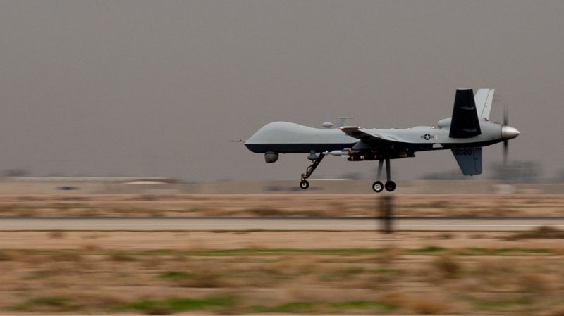 An MQ-9 Reaper unmanned aerial vehicle comes in for a landing. FILE/UPI/Erik Gudmundson/U.S. Air Force