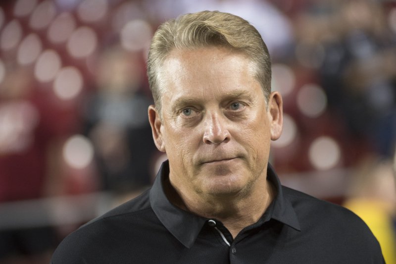 Washington Commanders defensive coordinator Jack Del Rio, shown Sept. 24, 2017, said his recent comments were "irresponsible" and "negligent." File Photo by Kevin Dietsch/UPI | <a href="/News_Photos/lp/c213d5618b5bf56e32cbc5086abcecef/" target="_blank">License Photo</a>