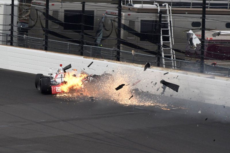 Veteran Indy Car driver Sebastien Bourdais slams the turn 2 wall during qualifications at the Indianapolis Motor Speedway on May 20, 2017 in Indianapolis, Indiana. Bourdais was transported to Methodist Hospital with a multiple fractures to his pelvis and right hip. File photo by Larry Papke/UPI