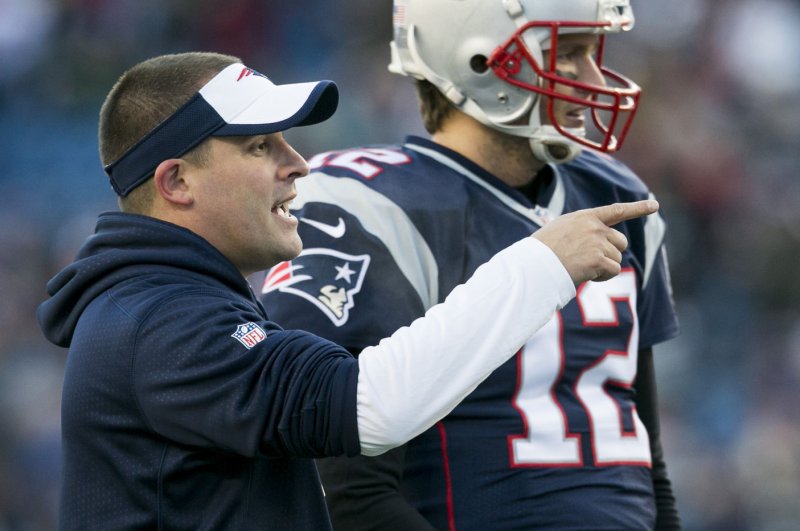 Former New England Patriots assistant coach Josh McDaniels (L), shown Jan. 16, 2016, served as the team's offensive coordinator since 2012. File Photo by Kelvin Ma/UPI | <a href="/News_Photos/lp/464c2ee8187e3e98df0846960b3aeda8/" target="_blank">License Photo</a>
