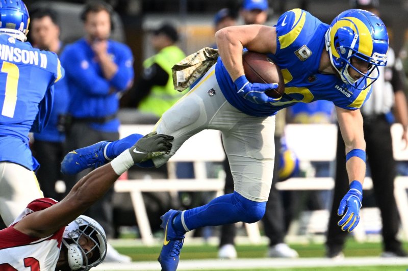 Los Angeles Rams wide receiver Cooper Kupp (R) is tackled by Arizona Cardinals linebacker Zaven Collins on Sunday at SoFi Stadium in Inglewood, Calif. Photo by Jon SooHoo/UPI