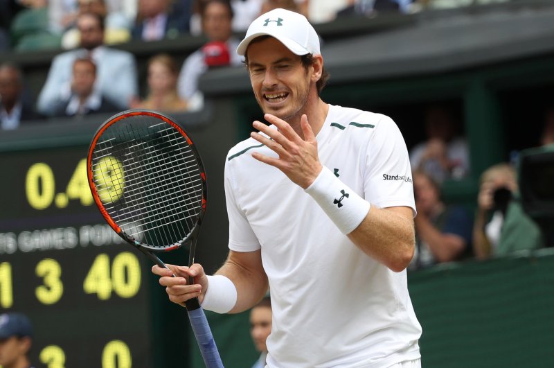 Great Britain's Andy Murray reacts in his match against American Sam Querry in the Men's Quarter-Finals of the 2017 Wimbledon championships on July 12 in London. File photo by Hugo Philpott/UPI