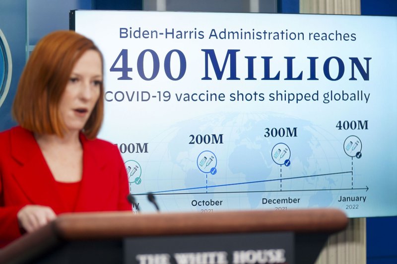 Jen Psaki, White House press secretary, speaks during a news conference in the James S. Brady Press Briefing Room at the White House in Washington, D.C., on Wednesday. The White House announced it has shipped 400 million COVID-19 vaccines to other countries. Photo by Leigh Vogel/UPI