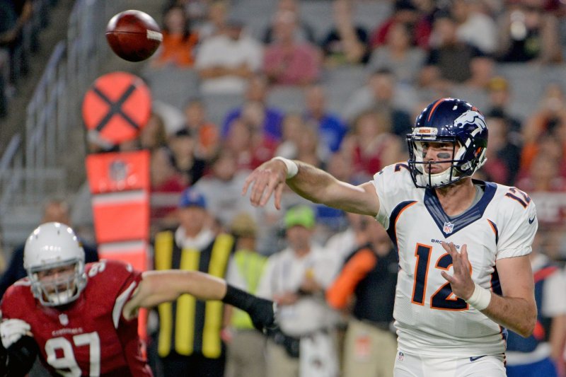 Denver Broncos quarterback Paxton Lynch (12) throws a pass in the second quarter of the Broncos-Arizona Cardinals game on September 1, 2016 at University of Phoenix Stadium in Glendale, Arizona. File photo by Art Foxall/UPI