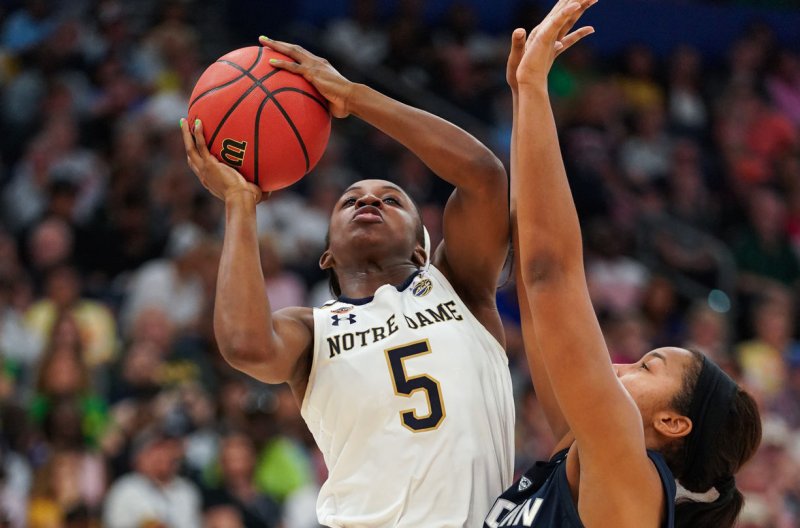 Notre Dame Fighting Irish guard Jackie Young (5) was selected with the No. 1 overall pick in Wednesday's WNBA Draft. The Las Vegas Aces drafted Young, and the New York Liberty drafted Louisville's Asia Durr with the second pick. Photo by Kevin Dietsch/UPI