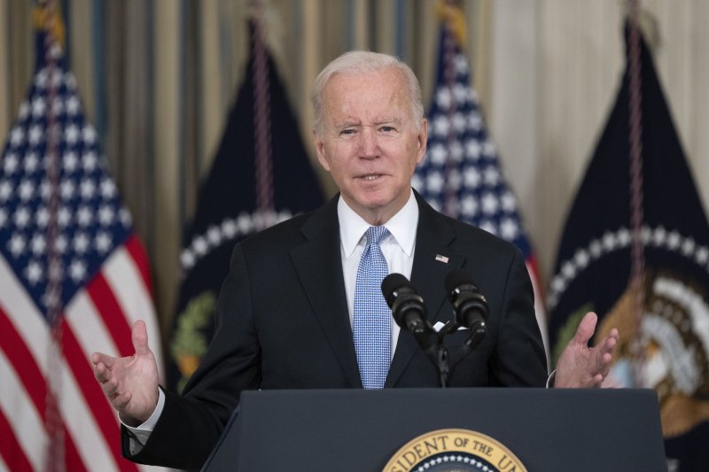 President Joe Biden makes remarks from the White House Saturday following the House passage of the bipartisan infrastructure bill. Photo by Chris Kleponis/UPI