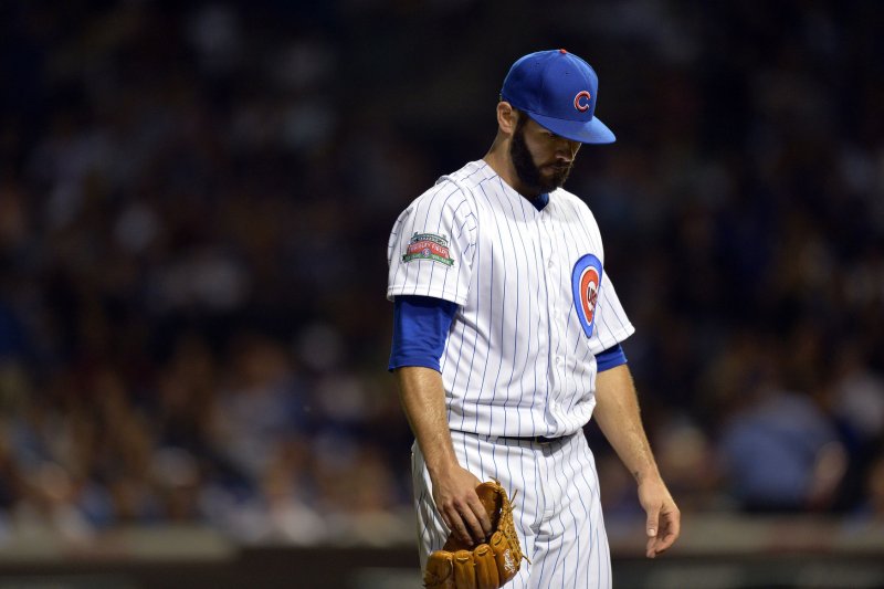 Former Chicago Cubs starting pitcher Jake Arrieta captured the National League Cy Young Award in 2015 when he went 22-6 with a 1.77 ERA for the Cubs. File Photo by Brian Kersey/UPI | <a href="/News_Photos/lp/560606078dd212639e81f3fe289cb8f5/" target="_blank">License Photo</a>