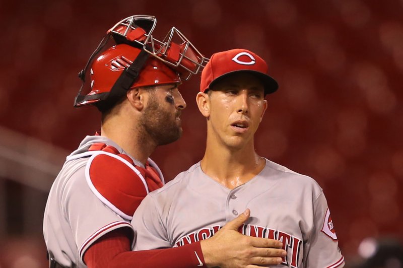 Cincinnati Reds pitcher Michael Lorenzen (R) pitched, played the outfield, hit a home run and allowed a home run during a win against the Philadelphia Phillies Wednesday in Cincinnati. File Photo by Bill Greenblatt/UPI
