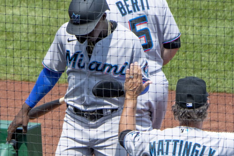 Miami Marlins infielder Jazz Chisholm (L) said he thinks the team's offensive playmakers will be "trouble" for 2022 opposing pitchers. File Photo by Archie Carpenter/UPI | <a href="/News_Photos/lp/60bd8a261b9fbf8314f5da540a9f960b/" target="_blank">License Photo</a>