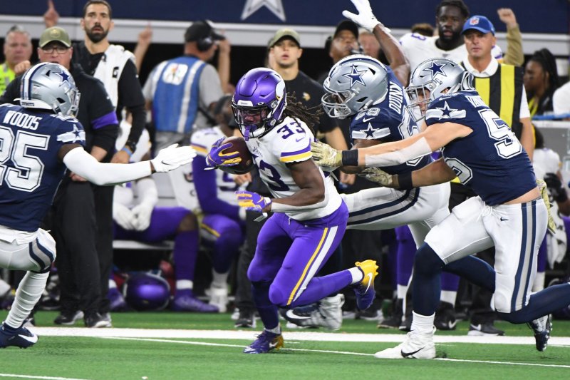 Minnesota Vikings running back Dalvin Cook (C) totaled 77 rushing yards in his last game, but 53 of those yards came on one run. File Photo by Ian Halperin/UPI