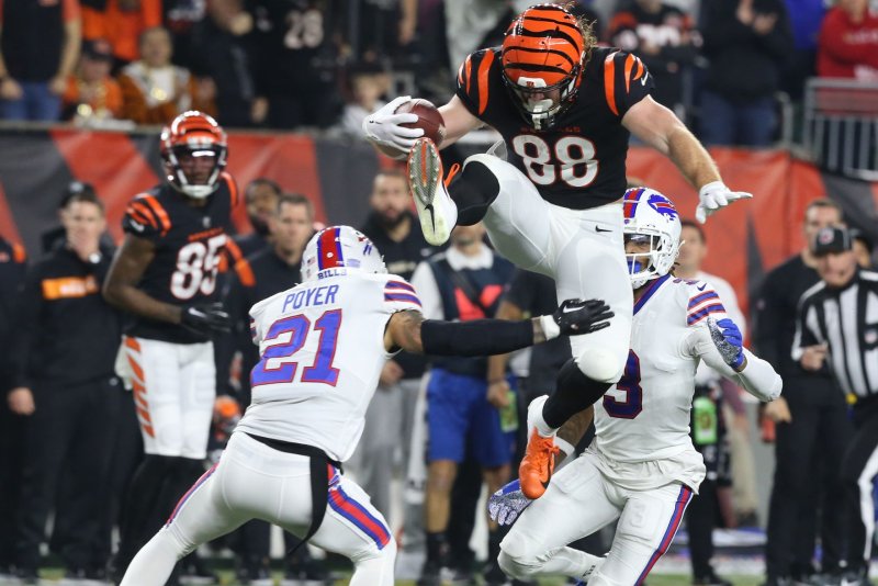 Tight end Hayden Hurst (88) totaled 414 yards and two scores on 52 catches last season for the Cincinnati Bengals. File Photo by John Sommers II/UPI