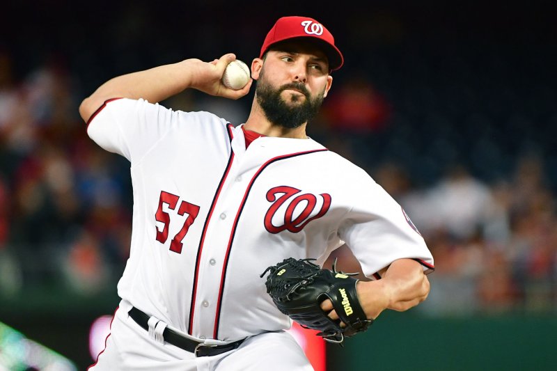 Washington Nationals starting pitcher Tanner Roark (57) throws a pitch. File photo by Kevin Dietsch/UPI | <a href="/News_Photos/lp/f66856df4c42cc8f9bf2b8a6168ec87f/" target="_blank">License Photo</a>
