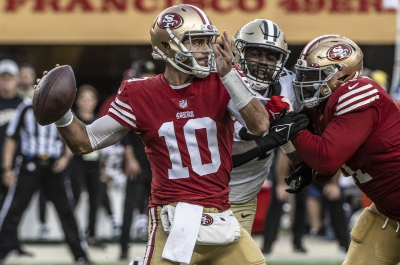 San Francisco 49ers quarterback Jimmy Garoppolo (10) started 10 games this season, but sustained a season-ending foot injury. File Photo by Terry Schmitt/UPI