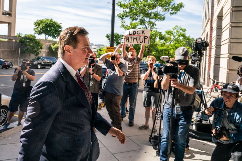 President Donald Trump's former campaign manager Paul Manafort arrives at federal court in Washington D..on June 15, an arraignment and hearing that resulted in him being jailed until his July 25 trail. On Thursday, his attorneys filed an appeal arguing he way their client is locked up is hampering his ability to defend himself. Photo Ken Cedeno/UPI | <a href="/News_Photos/lp/f853cccf60c137890d58e1b9c681cfe9/" target="_blank">License Photo</a>