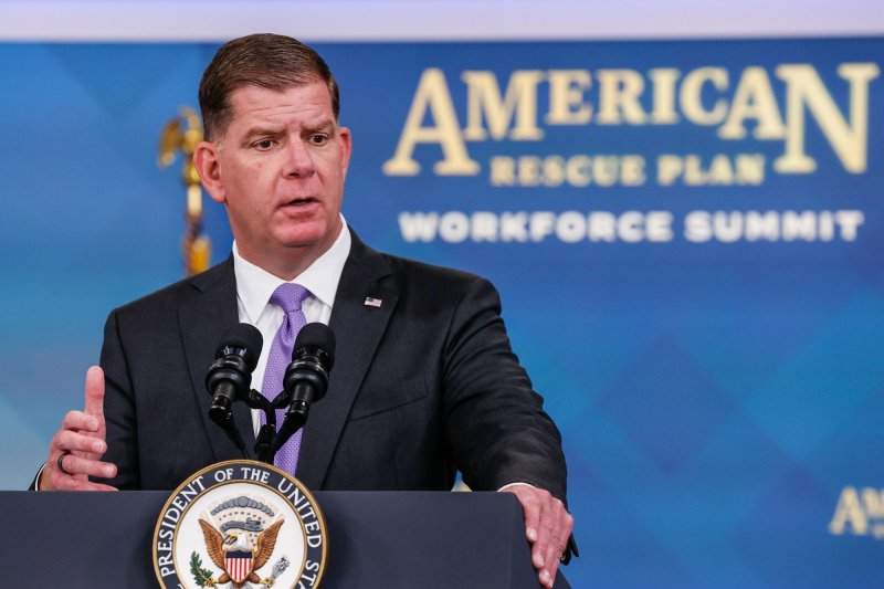 US Secretary of Labor Marty Walsh speaks at the American Rescue Plan Workforce Summit at the Eisenhower Executive Office Building on July 13. Walsh is involved in railroad-union talks. Photo by Jemal Countess/UPI | <a href="/News_Photos/lp/0e1c7c08da34b8527765f4c9b5d1cf85/" target="_blank">License Photo</a>