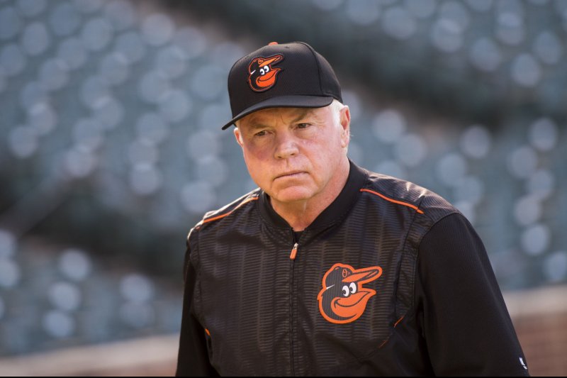 Baltimore Orioles manager Buck Showalter is seen on the field during batting practice before his game against the Toronto Blue Jays at Orioles Park at Camden Yards in Baltimore, Maryland on April 20, 2016. Photo by Kevin Dietsch/UPI