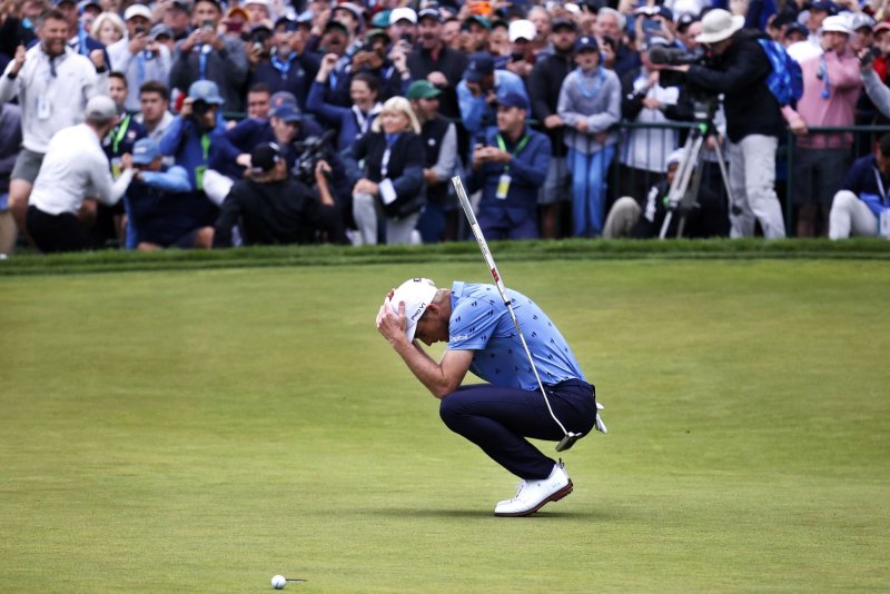 Will Zalatoris reacts after missing a putt for birdie on No. 18 at the 2022 U.S. Open on Sunday at The Country Club in Brookline, Mass. Photo by John Angelillo/UPI