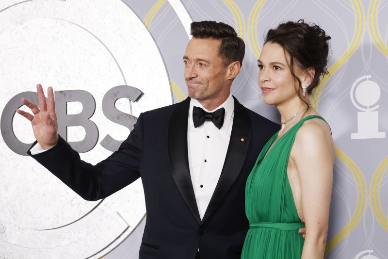 Sutton Foster (R) and Hugh Jackman arrive on the red carpet at The 75th Annual Tony Awards on Sunday at Radio City Music Hall in New York City. Photo by John Angelillo/UPI | <a href="/News_Photos/lp/e190f5f4ccfc3586c58a917cba8464c7/" target="_blank">License Photo</a>