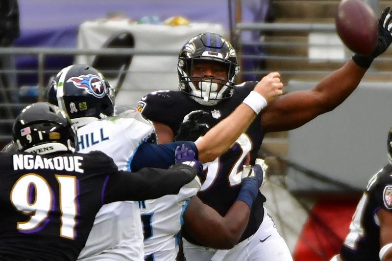 Defensive end Yannick Ngakoue (L) played for four different teams over the last three seasons. File Photo by David Tulis/UPI