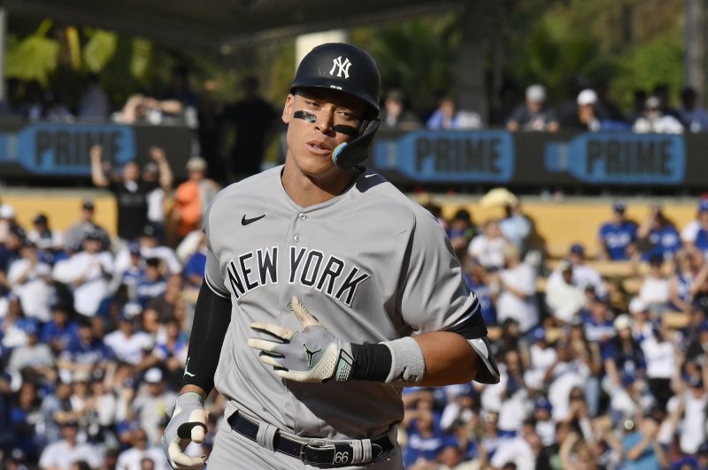 New York Yankees star Aaron Judge rounds the bases after hitting a solo home run against the Los Angeles Dodgers on Saturday in Los Angeles. Photo by Jim Ruymen/UPI