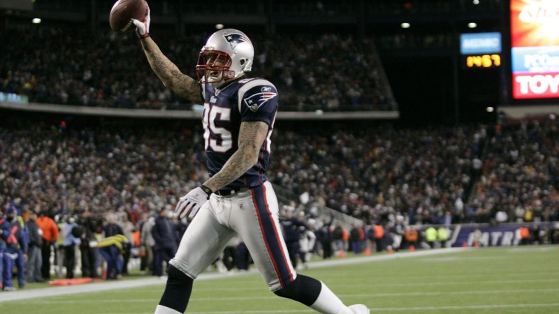 Former New England Patriots tight end Aaron Hernandez marches into the end zone after a 1-yard touchdown reception against the Jets. A photo of Hernandez has been taken out of the Hall of Fame. UPI/Matthew Healey | <a href="/News_Photos/lp/8c9bf0e5cb2a26281cd55e55ac398a38/" target="_blank">License Photo</a>