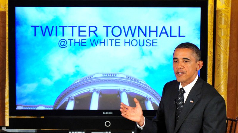 President Barack Obama hosts the first White House Twitter Town Hall meeting in the East Room at the White House in Washington on July 6, 2011. President Obama answered questions posted by twitter users. UPI/Kevin Dietsch