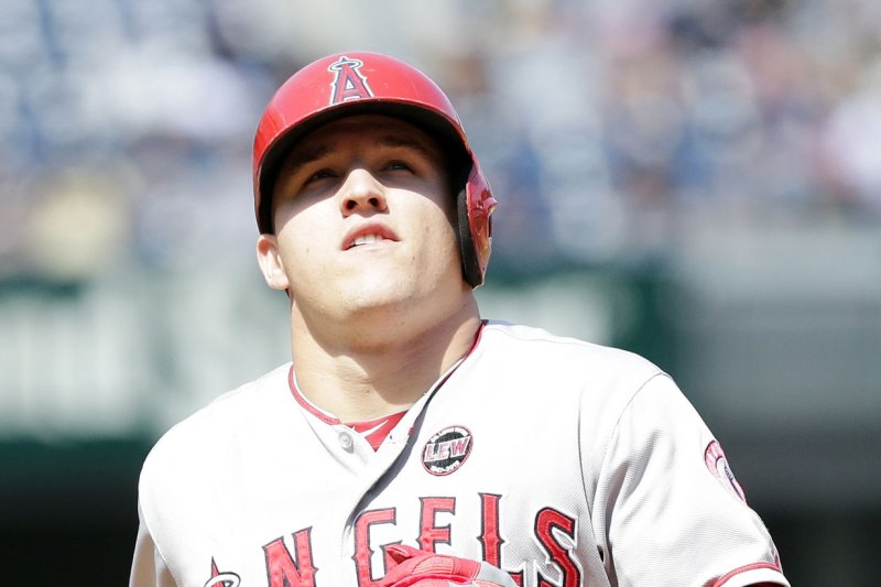 Los Angeles Angels Mike Trout jogs back to first base after a foul ball in the 5th inning against the New York Yankees at Yankee Stadium in New York City on August 15, 2013. UPI/John Angelillo