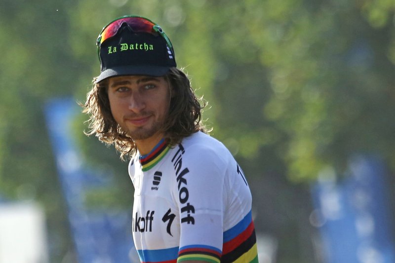 Peter Sagan of Slovakia arrives at the presentation podium after winning the green jersey (overall points leader) at the Tour de France in Paris on July 24, 2016. File photo by David Silpa/UPI
