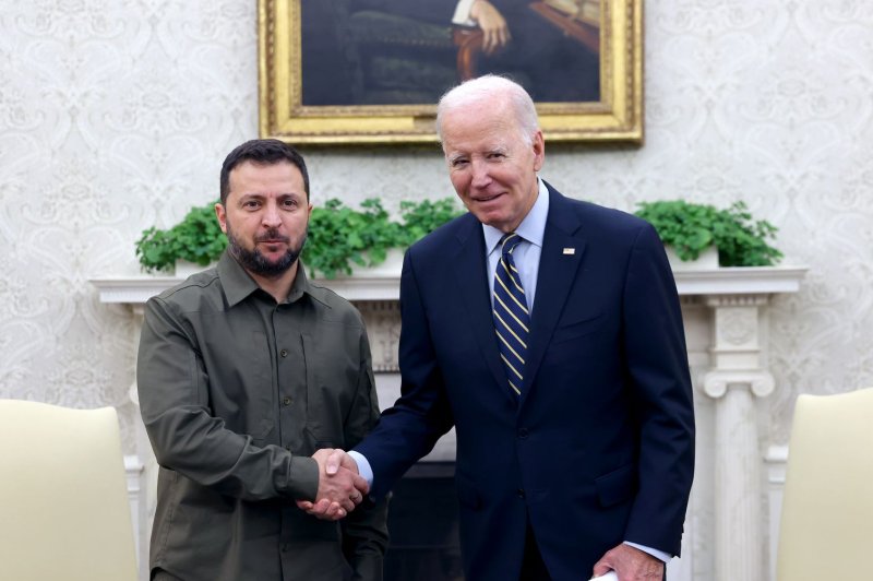 U.S. President Joe Biden and President Volodymyr Zelensky of Ukraine shake hands in the Oval Office of the White House on Sept. 21. On Wednesday, the Biden administration unveiled what it said may be one of its last security packages for Ukraine unless Congress acts on Biden's emergency supplemental funding bill. File Photo by Julia Nikhinson/UPI