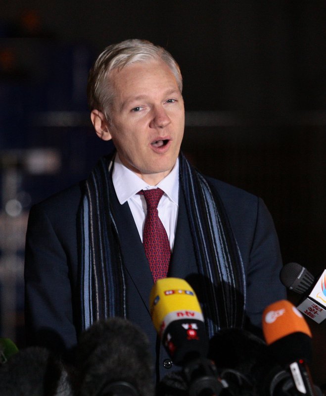 Wikileaks founder Julian Assange talks to the media after court at Belmarsh Magistrates court in Woolwich, London on February 8, 2011. Mr. Assange is facing a second day in court fighting an extradition attempt by Swedish authorities over allegations of rape and molestation. UPI/Hugo Philpott