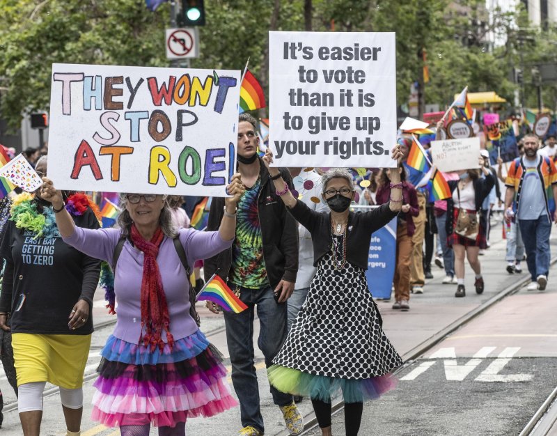 Participants march up Market Street in the annual LGBT Pride Parade in San Francisco, Calif., on Sunday. Many marchers weighed in on the Supreme Court's decision to overturn Roe vs. Wade. Photo by Terry Schmitt/UPI | <a href="/News_Photos/lp/9cd969c0a3e5317834d7f7d67f800d7d/" target="_blank">License Photo</a>