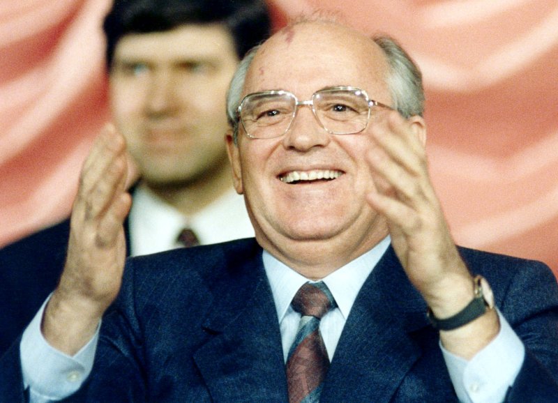 Soviet leader Mikhail Gorbachev reacts during his news conference at the Soviet compound in Washington, DC, on Dec. 10, 1987. Gorbachev was awarded the Nobel Peace Prize on Oct. 15, 1990 for his efforts to help bring about an end to the Cold War tensions and open up the Soviet Union. File Photo by Joe Marquette/UPI | <a href="/News_Photos/lp/eb47cc83c33aceb143cb3e476f81a8cd/" target="_blank">License Photo</a>